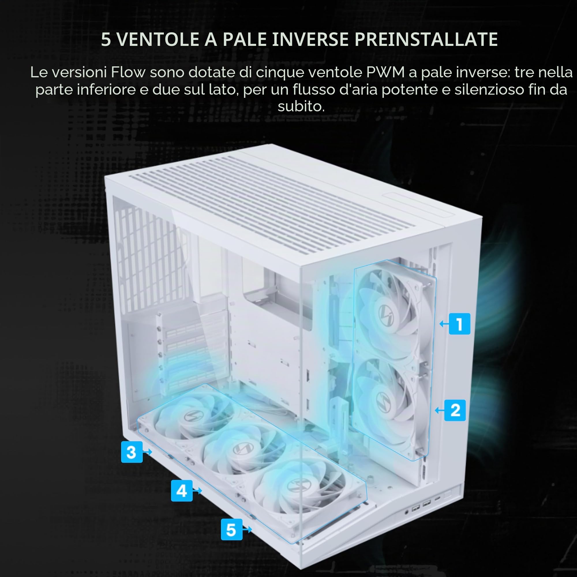 LIAN LI O11D MINI V2 Flow | Cassa per PC ATX Mid-Tower compatta con flusso d'aria | Vista panoramica | Flusso d'aria ad alte prestazioni | Include 5 ventole a lama inversa da 120 mm | Gestione dei
