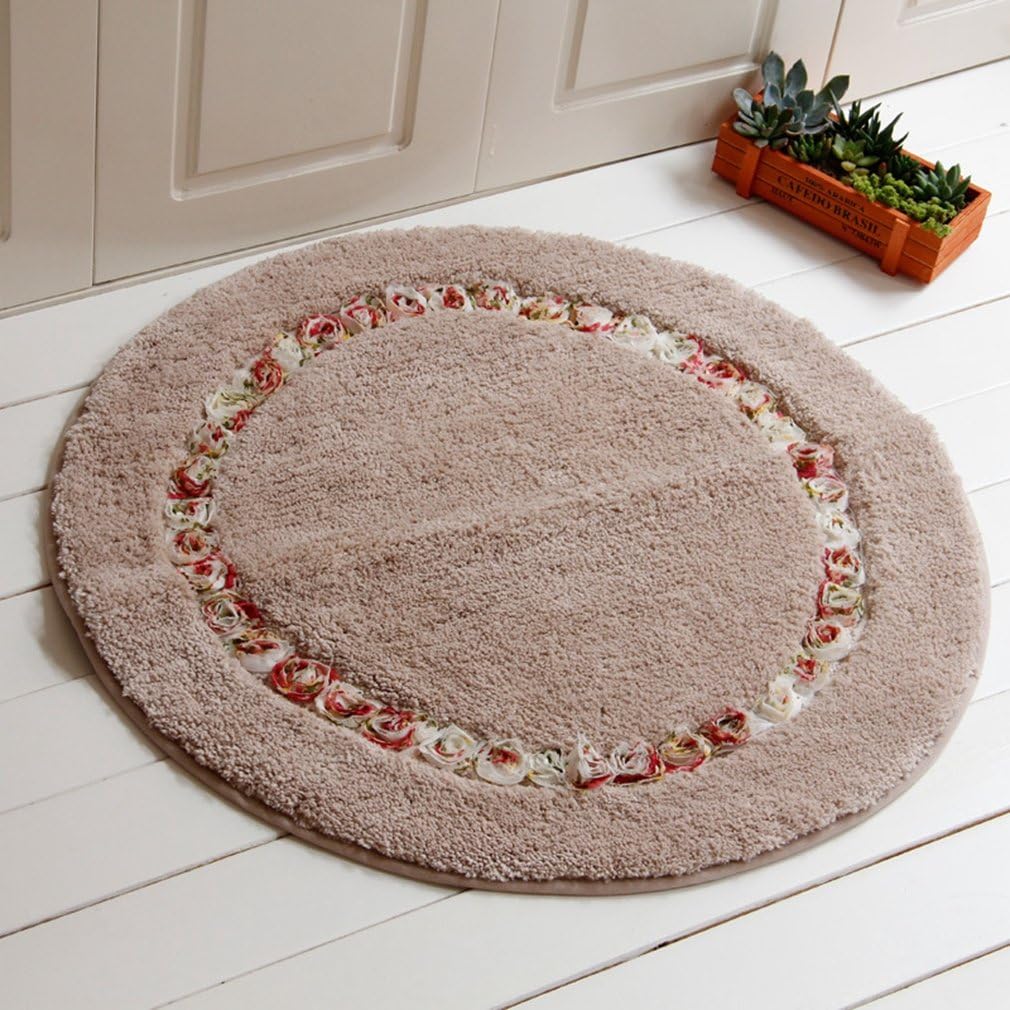 Microfiber Bath Rug Ultra Soft Shaggy Rose Flower Patchwork Round Bathroom Rugs Mats for Tub Shower Indoor Outdoor Doormat Non Slip Machine Washable Kitchen Runner Area Rug 35" X 35"/Light Tan