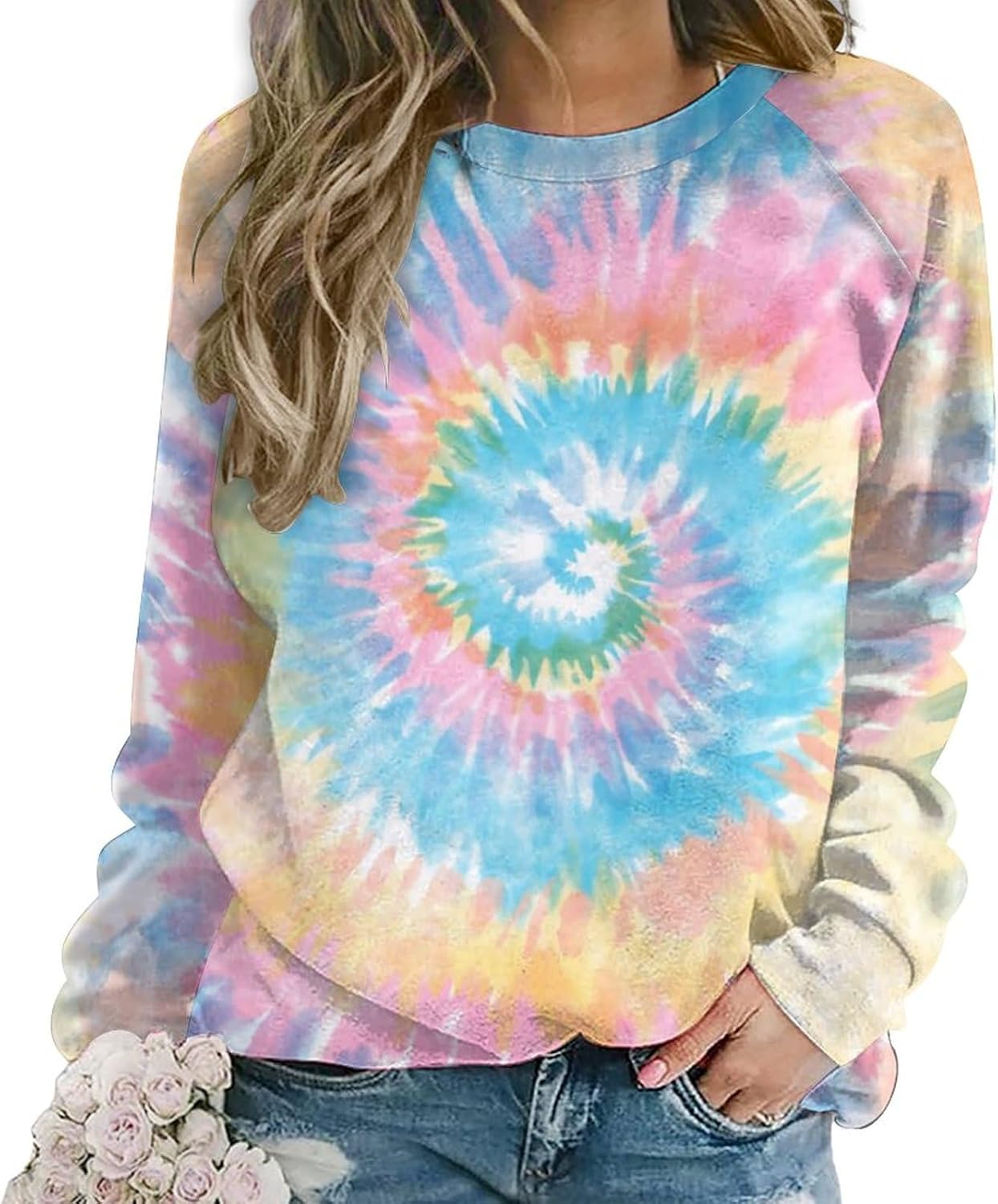 Lurhonp Womens Tie Dye Casual Long Sleeve Sweatshirt Crew Neck Loose Pullover Top