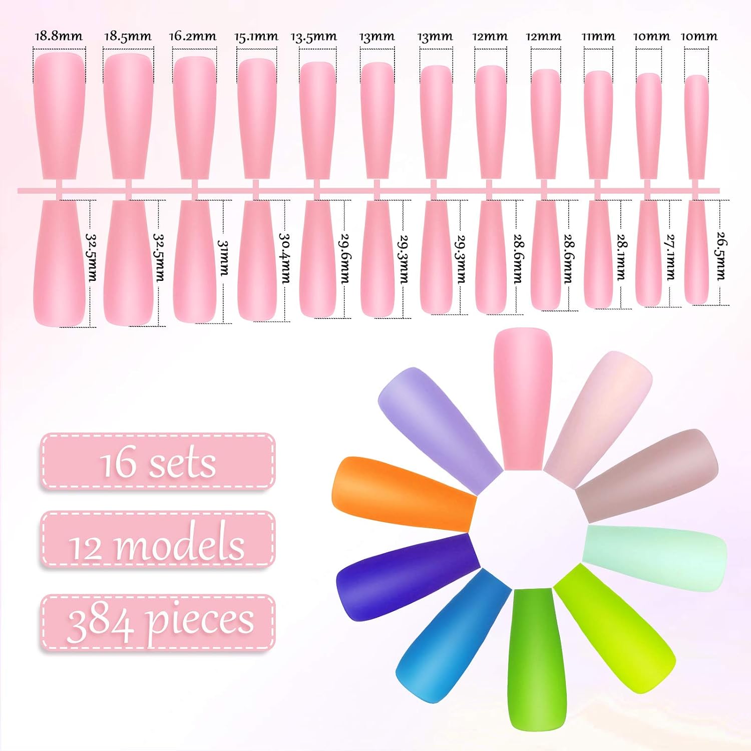 384 Pieces Coffin False Nails Extra Long Matte Fake Nails Long Artificial Nails Tip Ballerina ABS Press on Nails Full Cover Stick on Nails for Women Girls Nail Decoration (Bright Patterns)