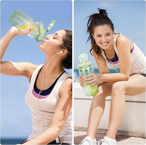 Miniatura 5 de Botella de agua de 50 onzas con tapas de bloqueo y doble popote, botella de agua para gimnasio con asa, botella de agua grande reutilizable para