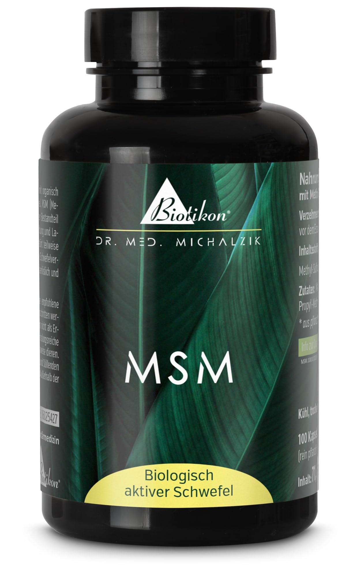 MSM Dr. med. Michalzik | Tagesdosis - hochwertiger organisch gebundener Schwefel [1200mg] | 100% reines Methyl-Sylfonyl-Methan - 100 Kapseln - ohne Zusatzstoffe - von BIOTIKON®