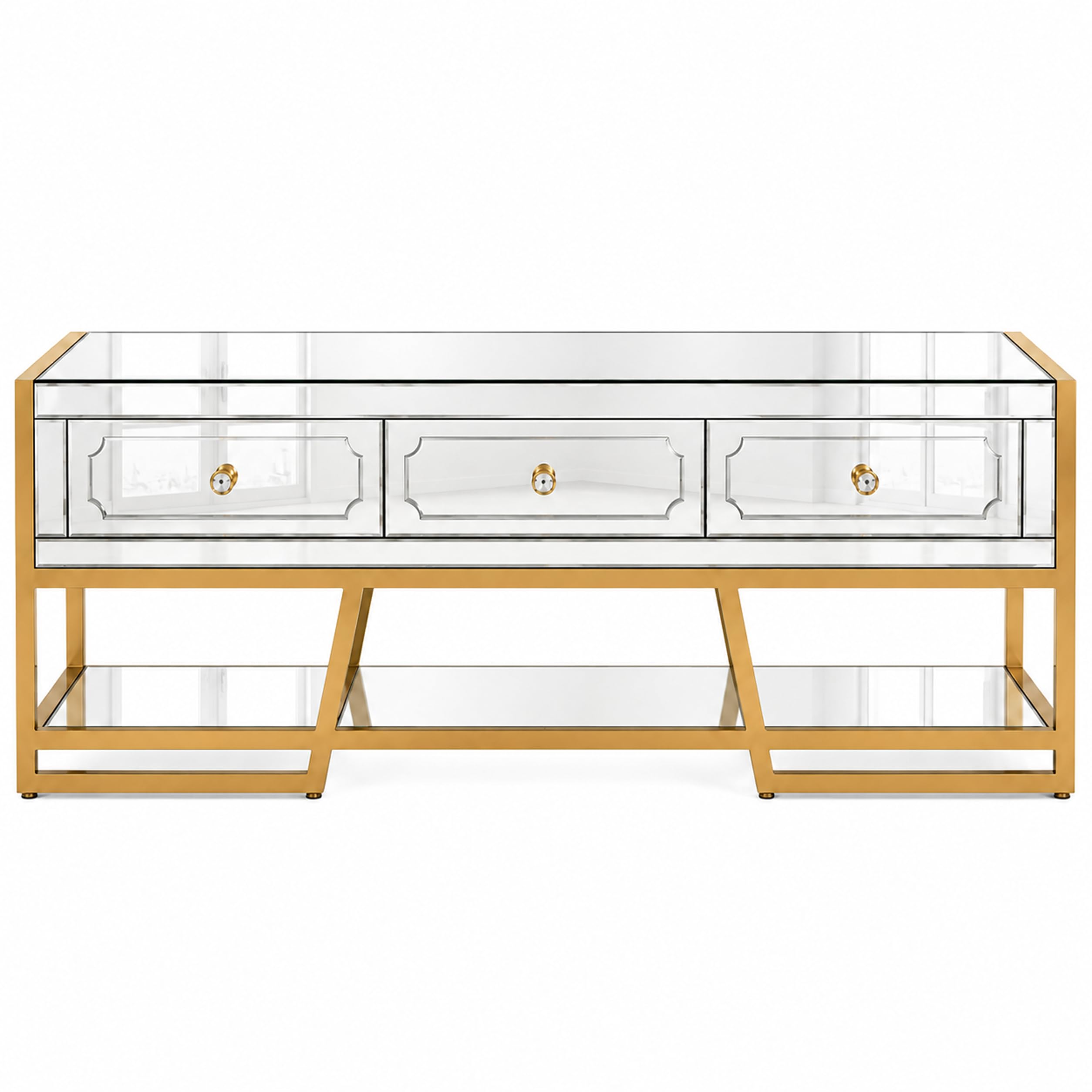 Mirrored TV Stand for Living Room | White & Brown Entertainment Unit with Mirrored Doors | Modern Media Console Cabinet with Spacious Storage-image-14