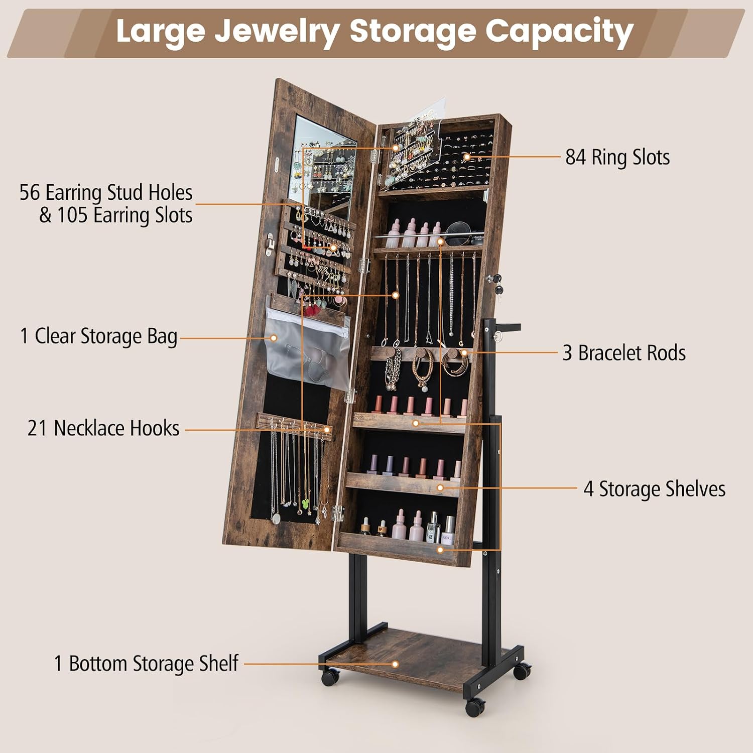 GOFLAME Jewelry Cabinet Armoire with Wheels, Lockable Jewelry Storage Organizer with Full-Length Mirror, Interior Makeup Mirror, 3-Color LED Lights, Coat Rack, Height & Angle Adjustable, Rustic Brown