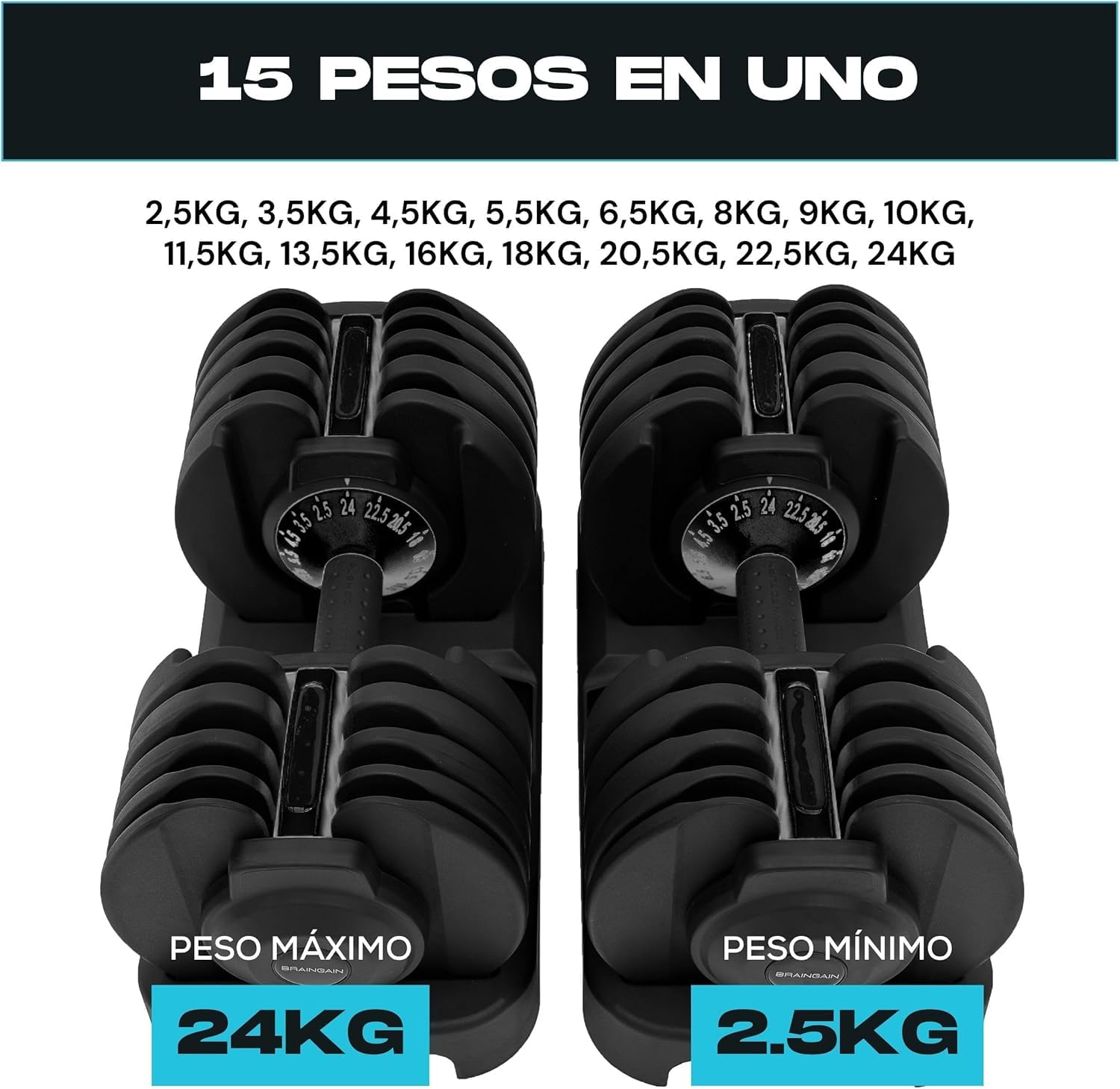 BRAINGAIN mancuernas ajustables, Pareja de 15 en 1 (24 kg) de ajustes de peso, tecnología Smart-Click para cambios rápidos de peso con sistema de bloqueo seguro, agarre antideslizante