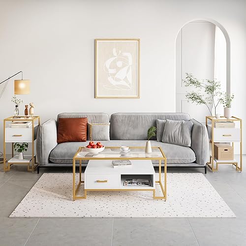 Miniatura 4 de Senfot Juego de 2 mesitas de noche blancas y doradas, mesa auxiliar con cajón de almacenamiento y almacenamiento de 3 niveles y parte superior de