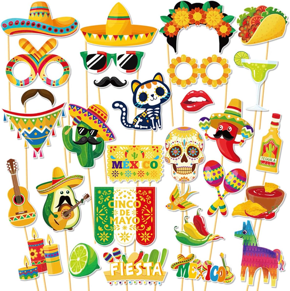 30 Pcs Cinco De Mayo Paper Photo Booth Props, Fiesta Sombrero Hats Cactus Peppers Pinatas Selfie Photo Props for Cinde De Mayo Festival, Birthday, Mexican Themed Party Decoration