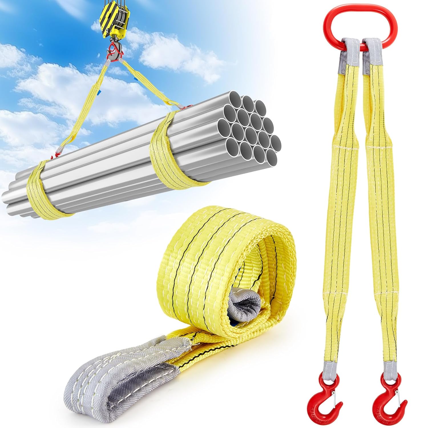 2 Pcs 3.3 FT Heavy Duty Polyester Lifting Rigging Straps Two Leg Bridle Web Sling with Hook & Twist Eye Lift Strap for Hoist Engine Crane Truck Tow Tree Stump 13227 Lbs Load Capacity, Yellow