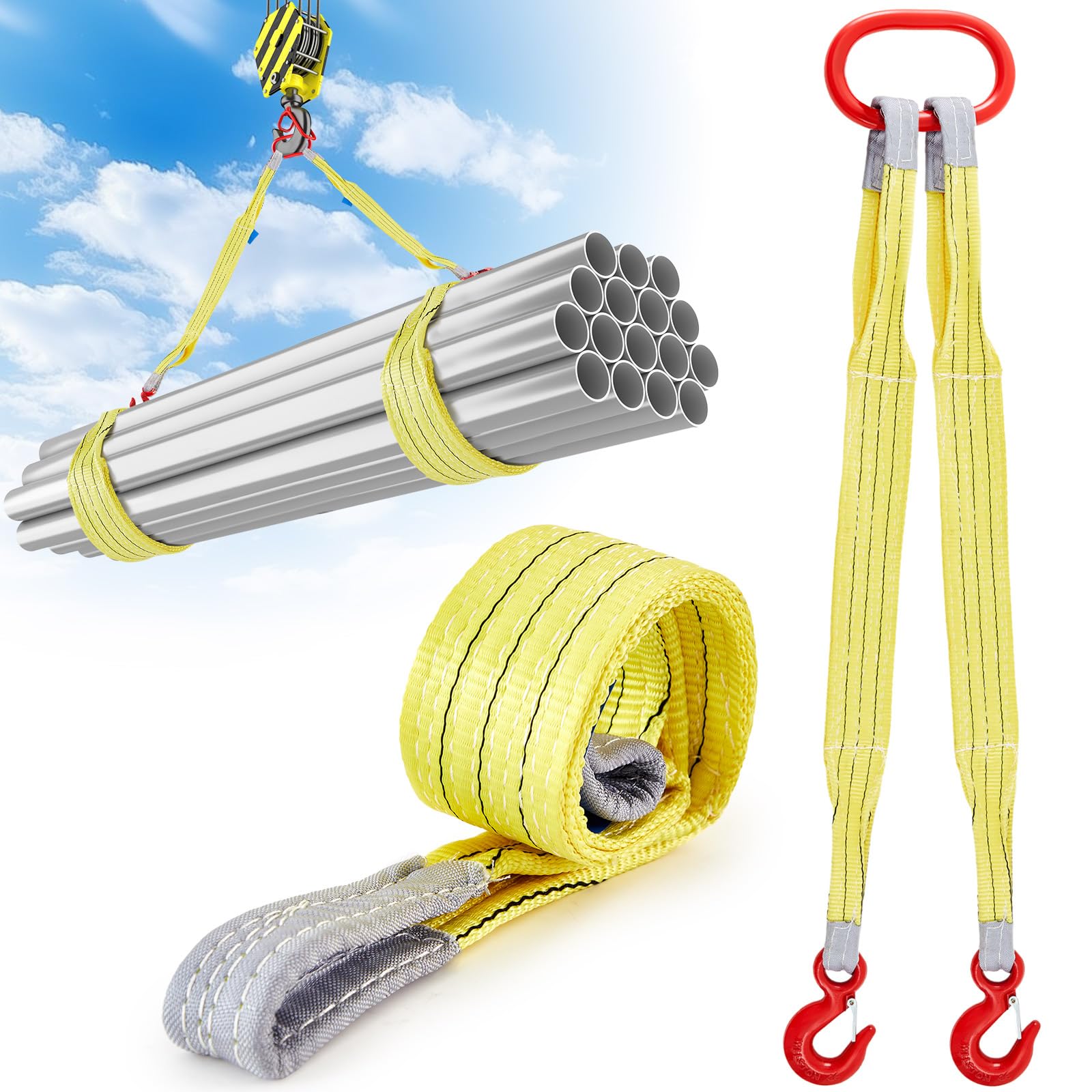 2 Pcs 3.3 FT Heavy Duty Polyester Lifting Rigging Straps Two Leg Bridle Web Sling with Hook & Twist Eye Lift Strap for Hoist Engine Crane Truck Tow Tree Stump 13227 Lbs Load Capacity, Yellow