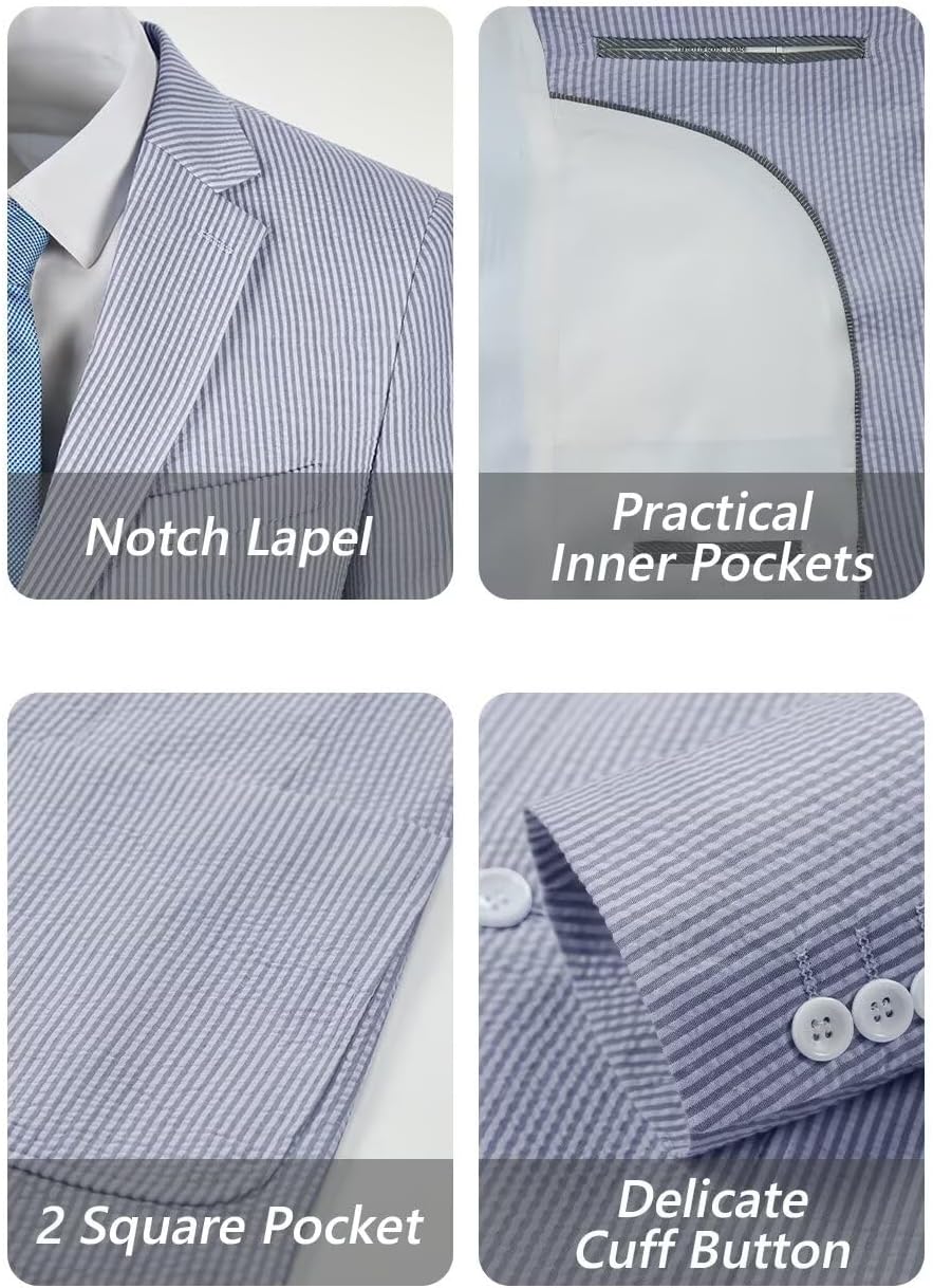 Men's Blue Seersucker Suit 2 Piece Summer Beach Wedding Groom Suit Striped Blazer Pants Set Lightweight Breathable