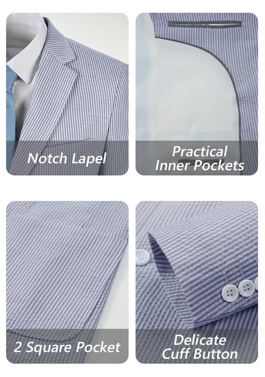 Completo da uomo in seersucker blu, 2 pezzi, per estate, spiaggia, matrimonio, sposo, abito a righe, con blazer e pantaloni, set leggero traspirante