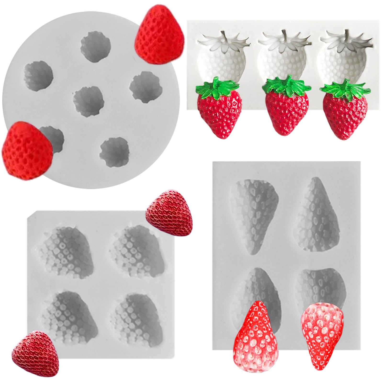 Muiltvoe 4 PCS Strawberry Silicone Mold 3D Strawberries Fondant Mould Strawberry Theme Fondant Mold Setfor Cake Decoration Cupcake Topper Chocolate Candy Making Crafting Polymer Clay