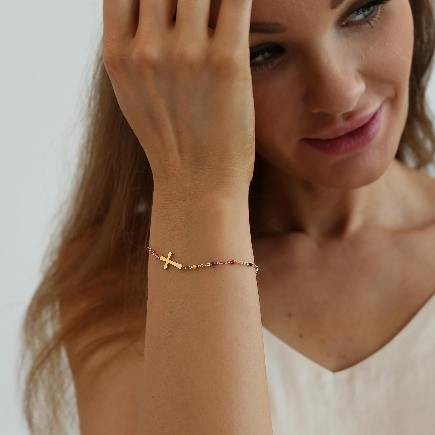 18K Gold Plated Beaded Cross Bracelet for Women Christian Crucifix Rosary Cross Bracelets Stainless Steel Faith Jewelry Christmas Gifts - Image 4