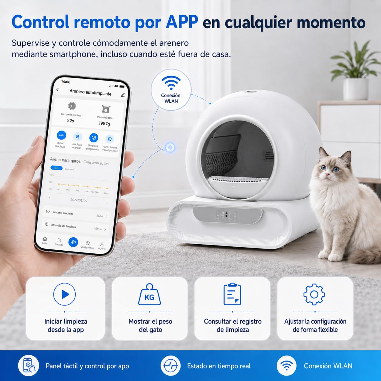 Arenero Gatos Autolimpiable XXL 65L+9L, Arenero Automatico con Control App WiFi 2.4GHz, Monitorización de Peso y Actividad, Sistema Antiodor, para Varios Gatos 1-8 kg (H)