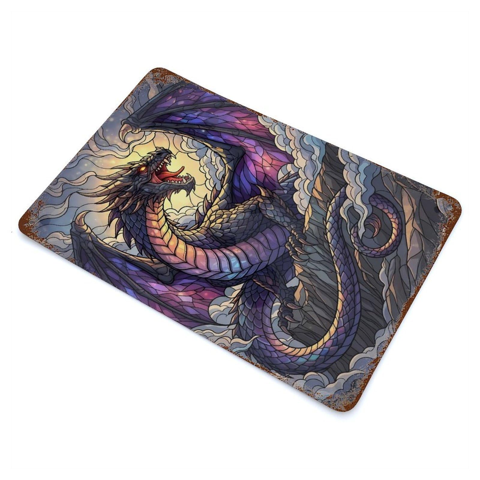 Stained Glass Dragon Roaring on Mountain Rusty Metal Tin Sign 11.8"x7.9", Ideal for Farmhouse, Kitchen And Entryway Decor