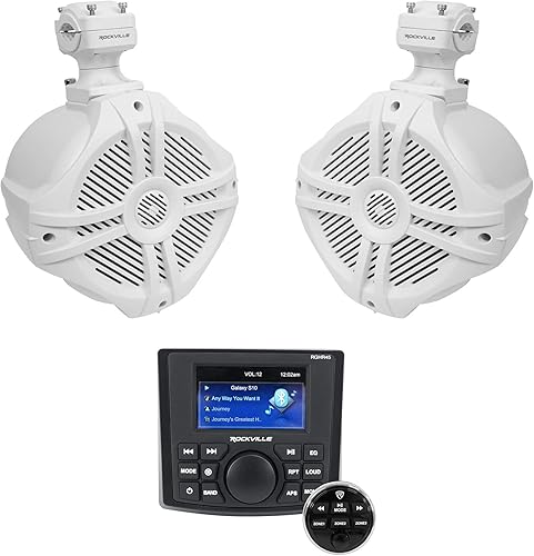 Rockville RGHR45 Receptor de agujero de calibre marino de 4 zonas, Bluetooth/Radio/Paquete remoto con cable con (2) Rockville RWB70W Blanco 6.5"
