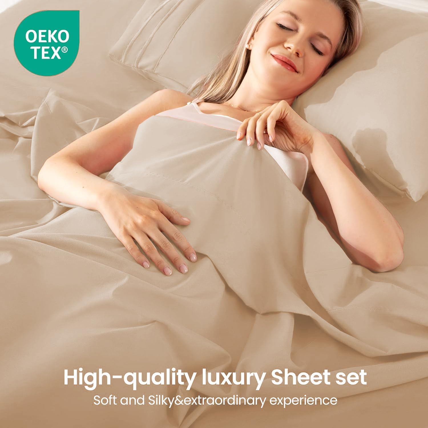 ROSE&RISY Khaki King Sheet Set, 4 Pieces Soft Bedding King Sheet Set, Breathable and Cooling,Includes 1 Fitted Sheet, 1 Flat Sheet, 2 Pillowcases - Deep Pocket (Khaki, King) image 2