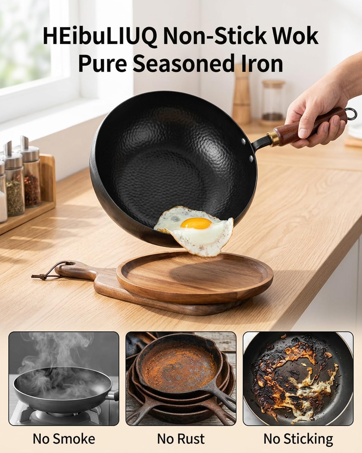 Japanese Cast Iron Wok With Lid, Uncoated Thick Frying Pan, Hand Forged Non Stick Pot Cookware For Electric Stove, Wooden Spatula, Healthy Asian Kitchen Tool Multi Functional (Glass cover, 24cm)