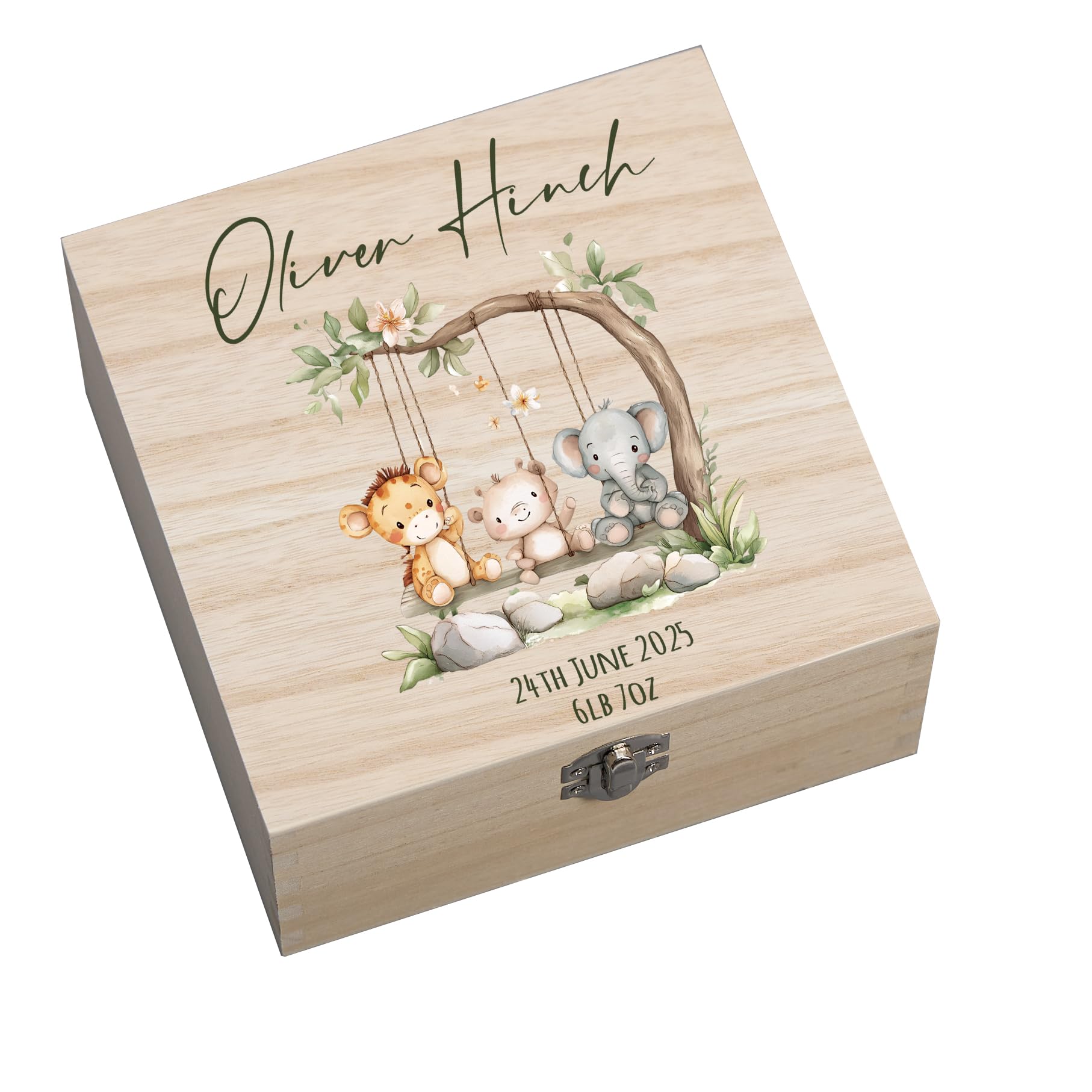 ukgiftstoreonline Personalised Wooden Baby Memory Box with Cute Animal Swing Design, Keepsakes