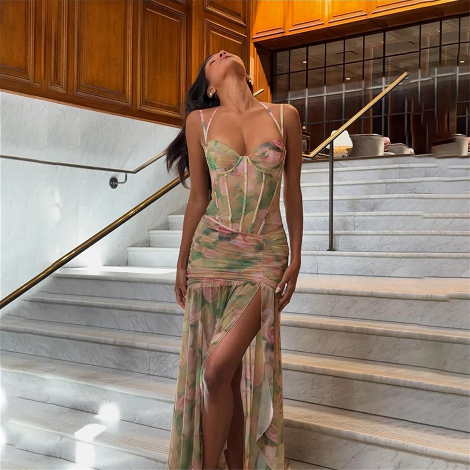 Abito a Corsetto Senza Maniche da Donna con Stampa Floreale Increspature e Spacco Lungo for Le Vacanze, Cocktail, Spiaggia, Streetwear per Donna