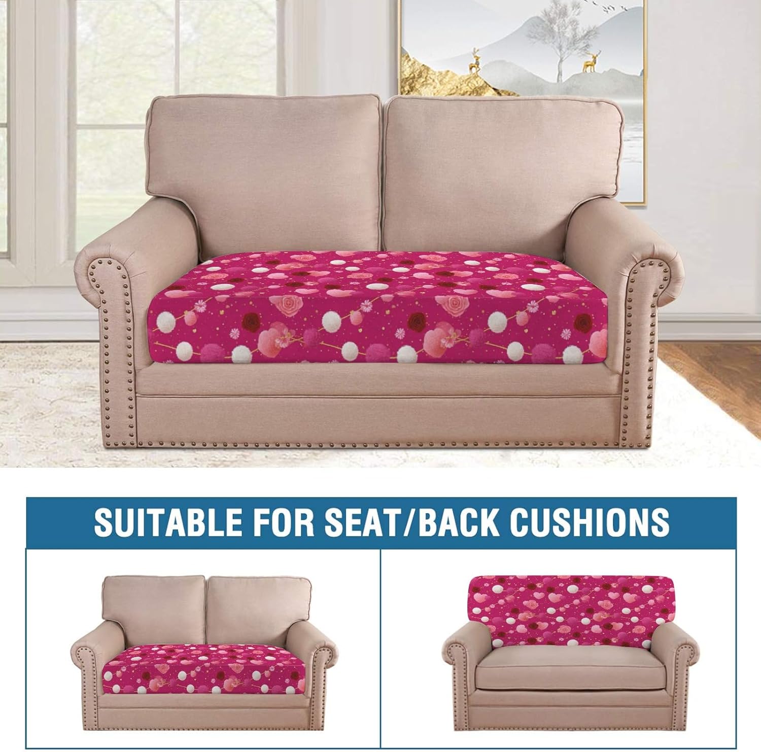Rose and Tinsel Loveseat Covers Couch Covers for 2 Cushion Couch, 2-Piece Stretch Sofa Slipcovers Anti-Slip Washable Furniture Protectors for Dogs Pets