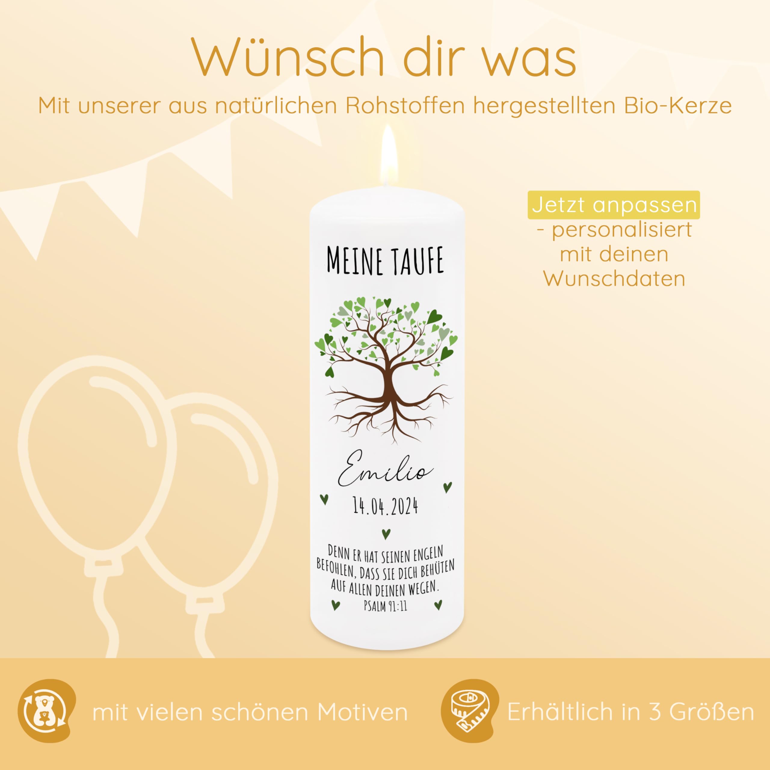 Bärenfreunde® - Personalisierte Taufkerze mit Spezial-Druck (M, L, XL) - ohne Ruß-Bildung - mit Holzkiste oder Untersetzer - Taufe Geschenk, Geschenk zur Geburt (XL Kerze)