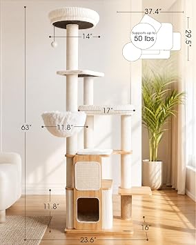 Wood Cat Tree for Indoor Cats, Modern Cat Tower with Sisal Posts
