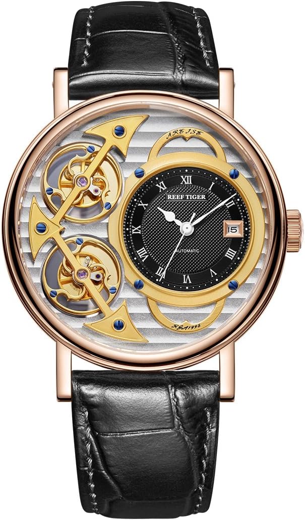Men's Fashion Watches Double Tourbillon Rose Gold Skeleton Watches Leather Strap RGA1995 (RGA1995-PSBB)
