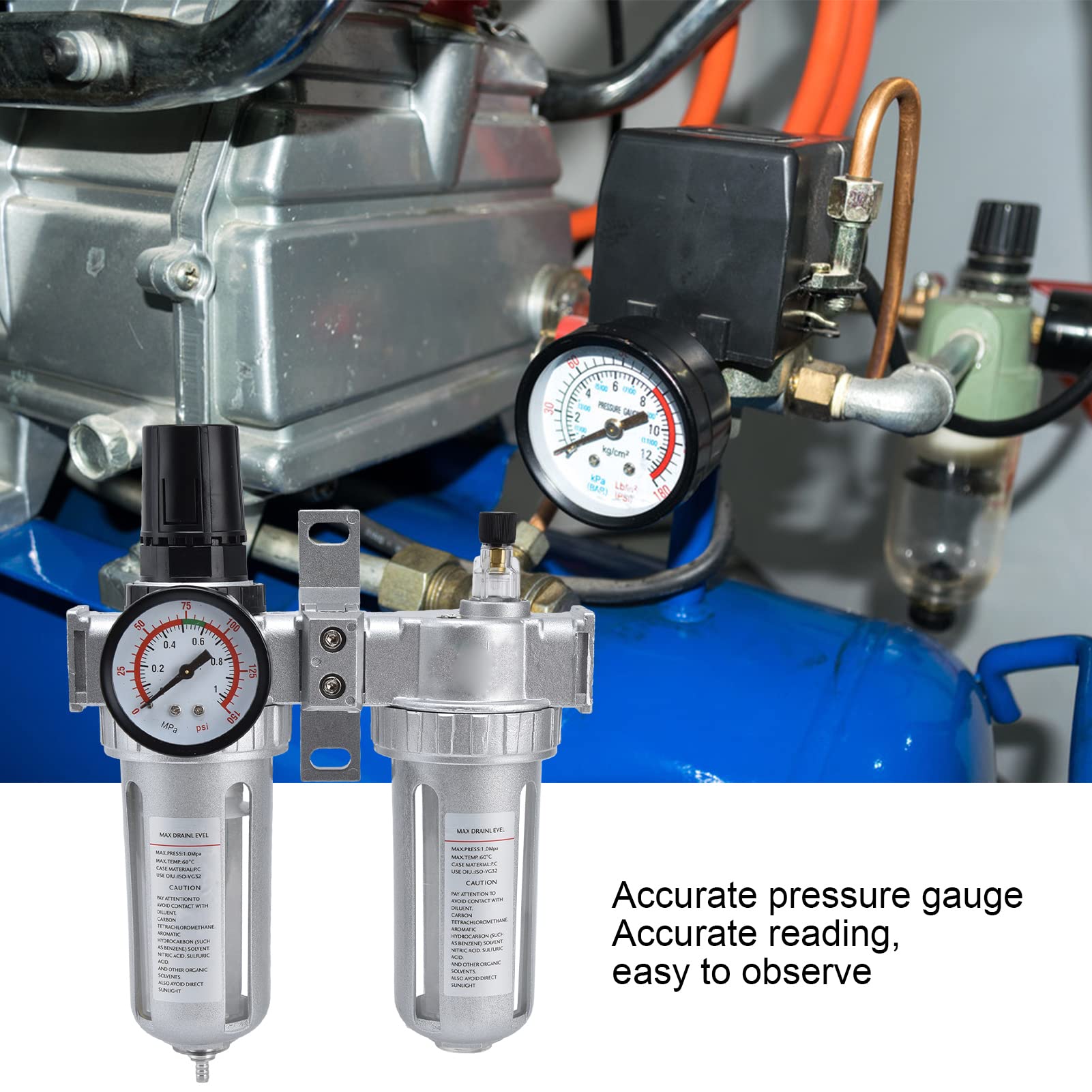 Kit combiné de régulateur de filtre à air comprimé avec manomètre et séparateur d'eau pour compresseurs d'air industriels, lot de 2 construction en alliage d'aluminium (SFC200)