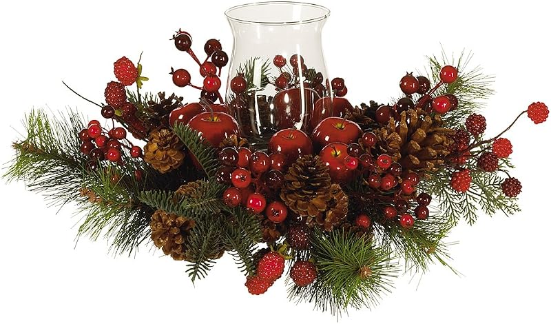 Nearly Natural 4654 Candleabrum Holiday, Red, 17.5x8.5x17.5 | Jeweled Berries and Faux Apples, Glass Hurricane Candle Base, Elegant Christmas Centerpiece for Holiday Table Decor