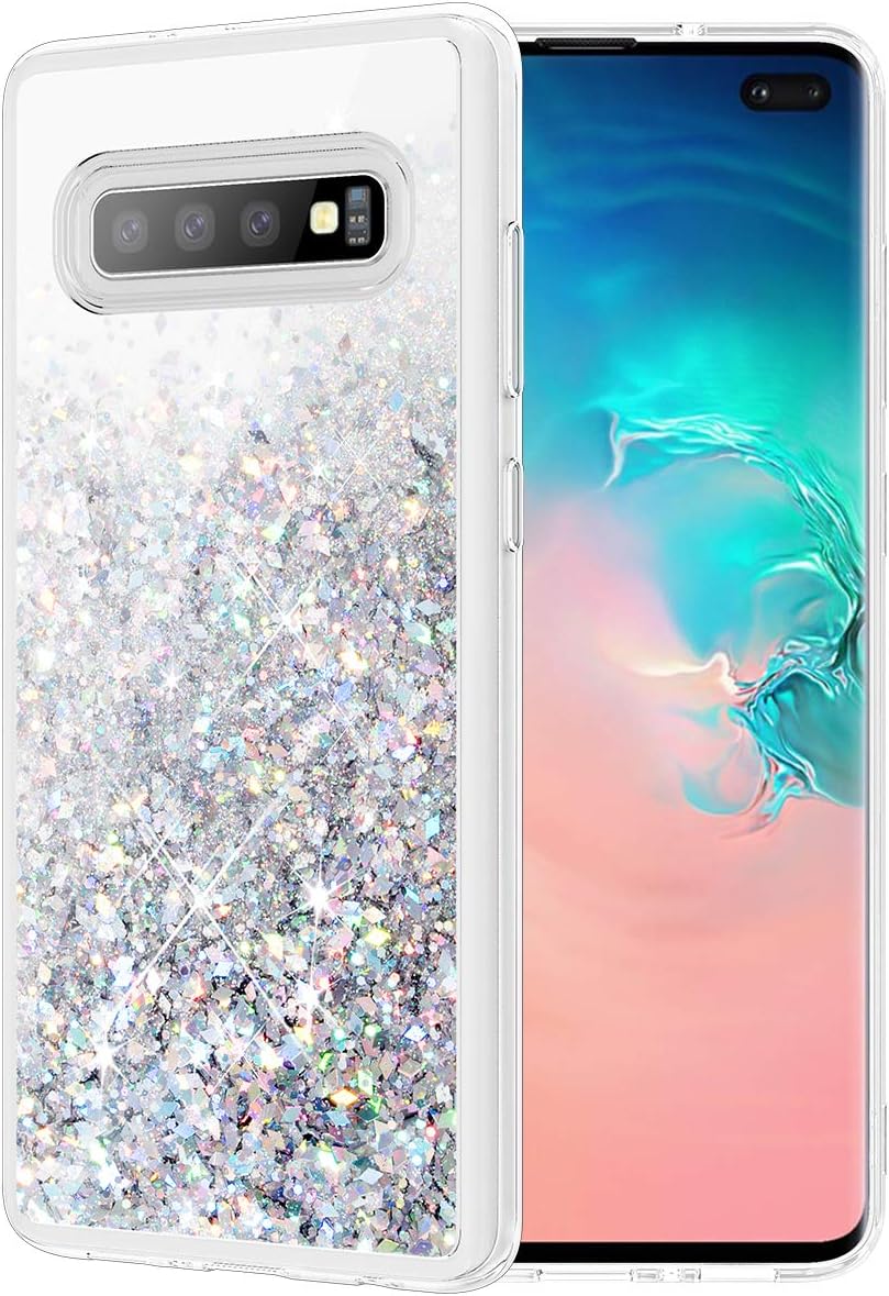 Caka Galaxy S10 Plus Case, Galaxy S10 Plus Glitter Case for Girls Women Liquid Luxury Fashion Bling Flowing Floating Sparkle Glitter Soft TPU Case for Samsung Galaxy S10 Plus (Silver)