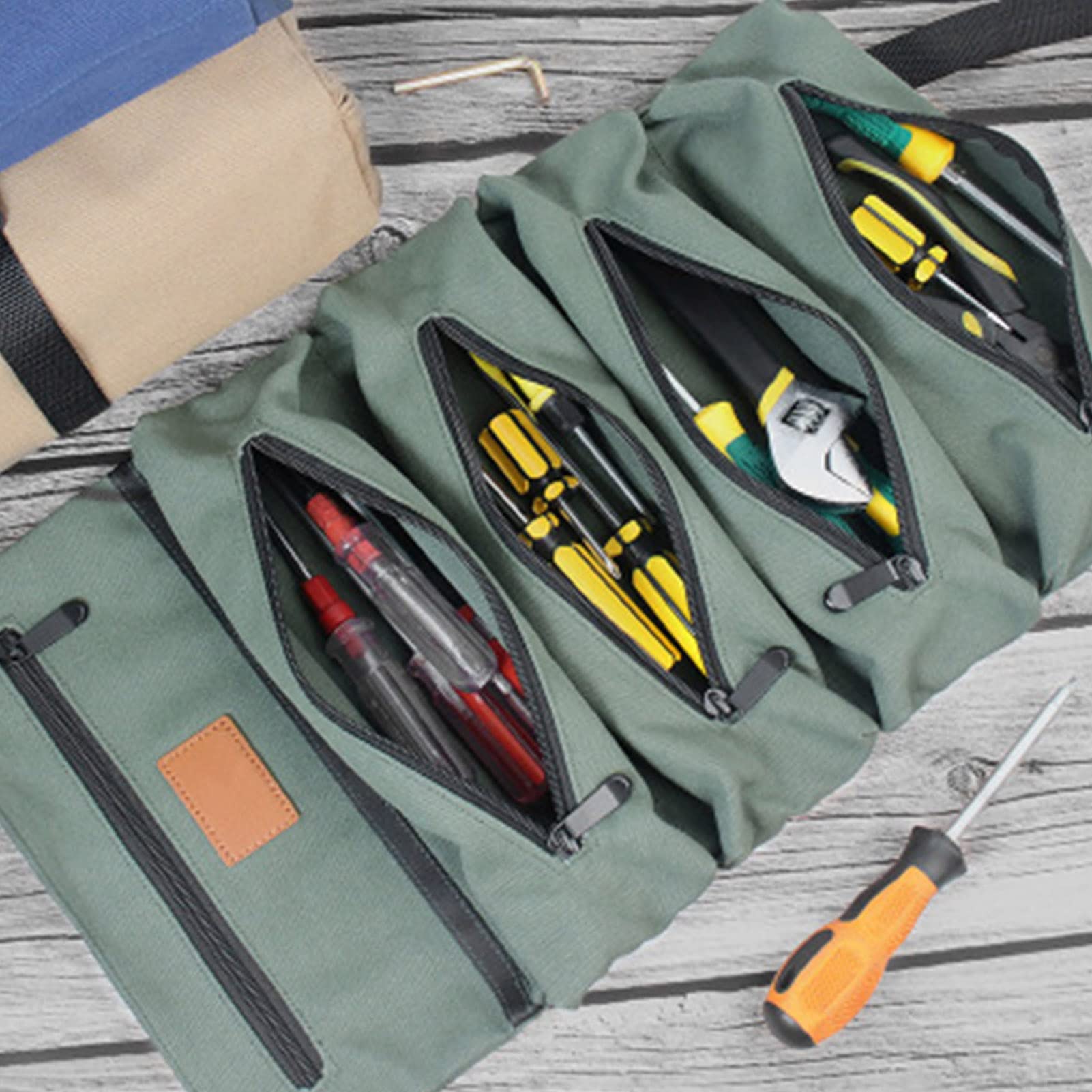 Canvas Tool Roll Roll Up Tool Bag Organizer With Carabiners - 5 Large ...