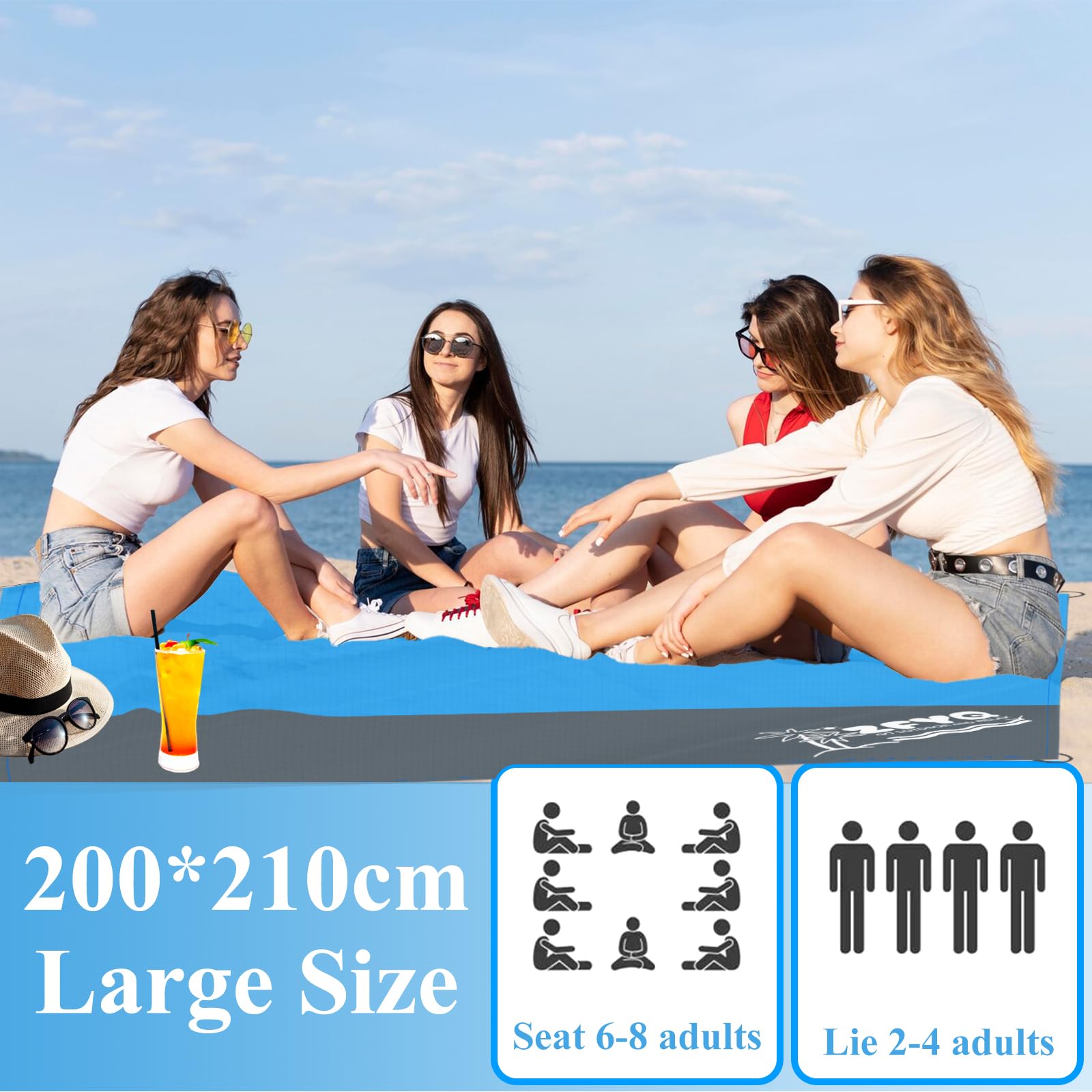 Dywan plażowy, koc piknikowy, wodoszczelny, 210 x 200 cm, Antypiaskowa, z 4 śledziami na piknik, plażę, podróże, wędrówki, Kemping i nie tylko