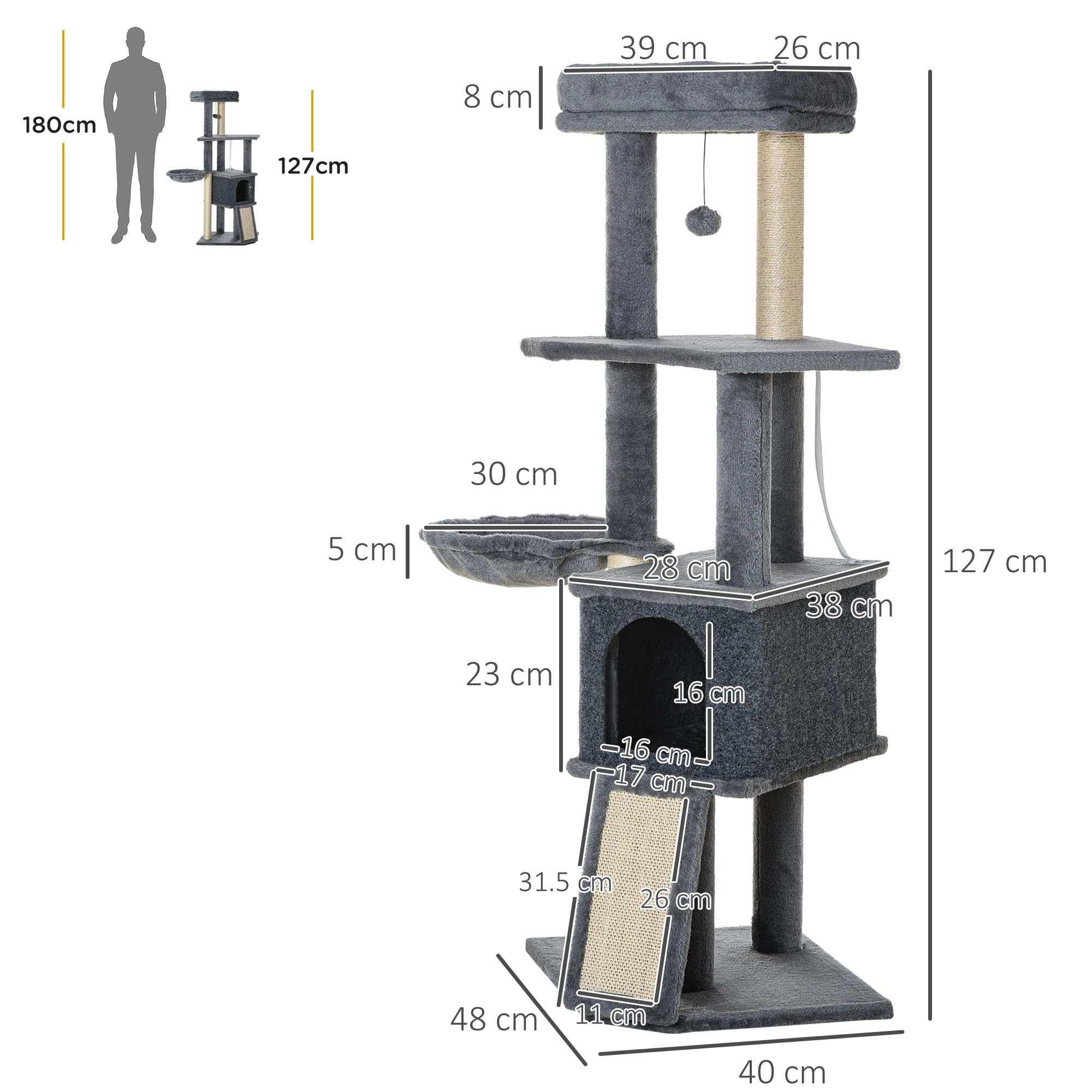 PawHut Albero Tiragraffi per Gatti Multilivello Alto 127 cm, Grigio