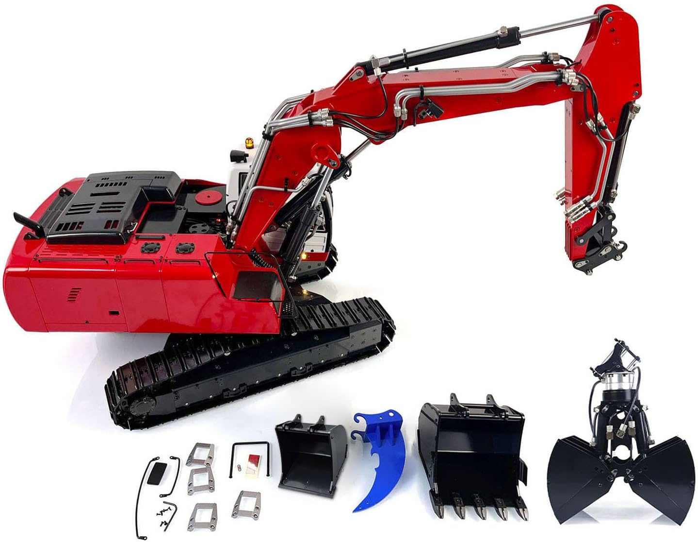 MTM 1/14 RC Hydraulic Excavator Model 3 Arms for 946-3 10CH Hydraulic Grab Bucket Small Big Bucket Ripper AT9S Controller W/O Light Sound(Red White)