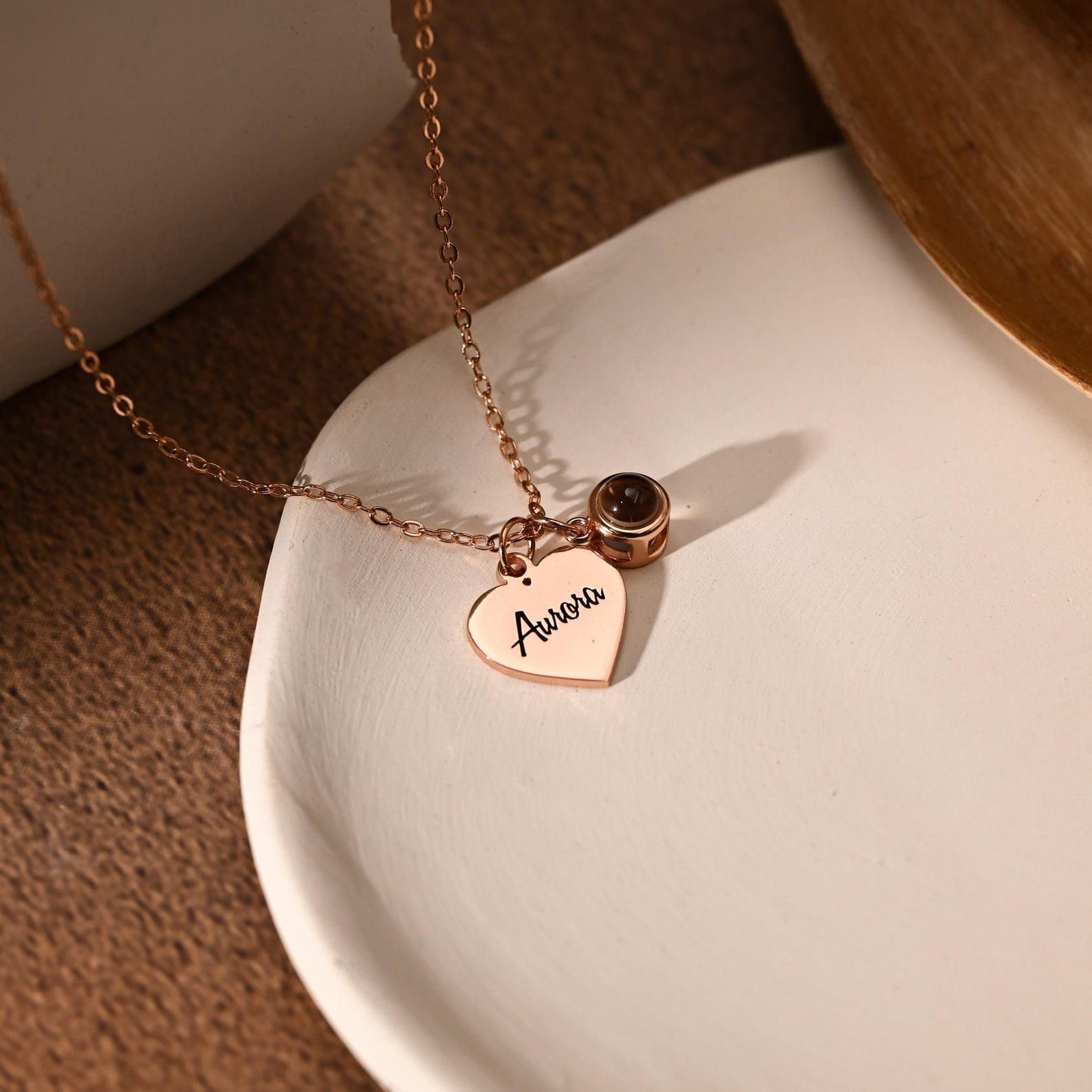 Personalizzato foto collana con proiezione con cuore ciondolo, su misura nome immagine commemorativo Natale