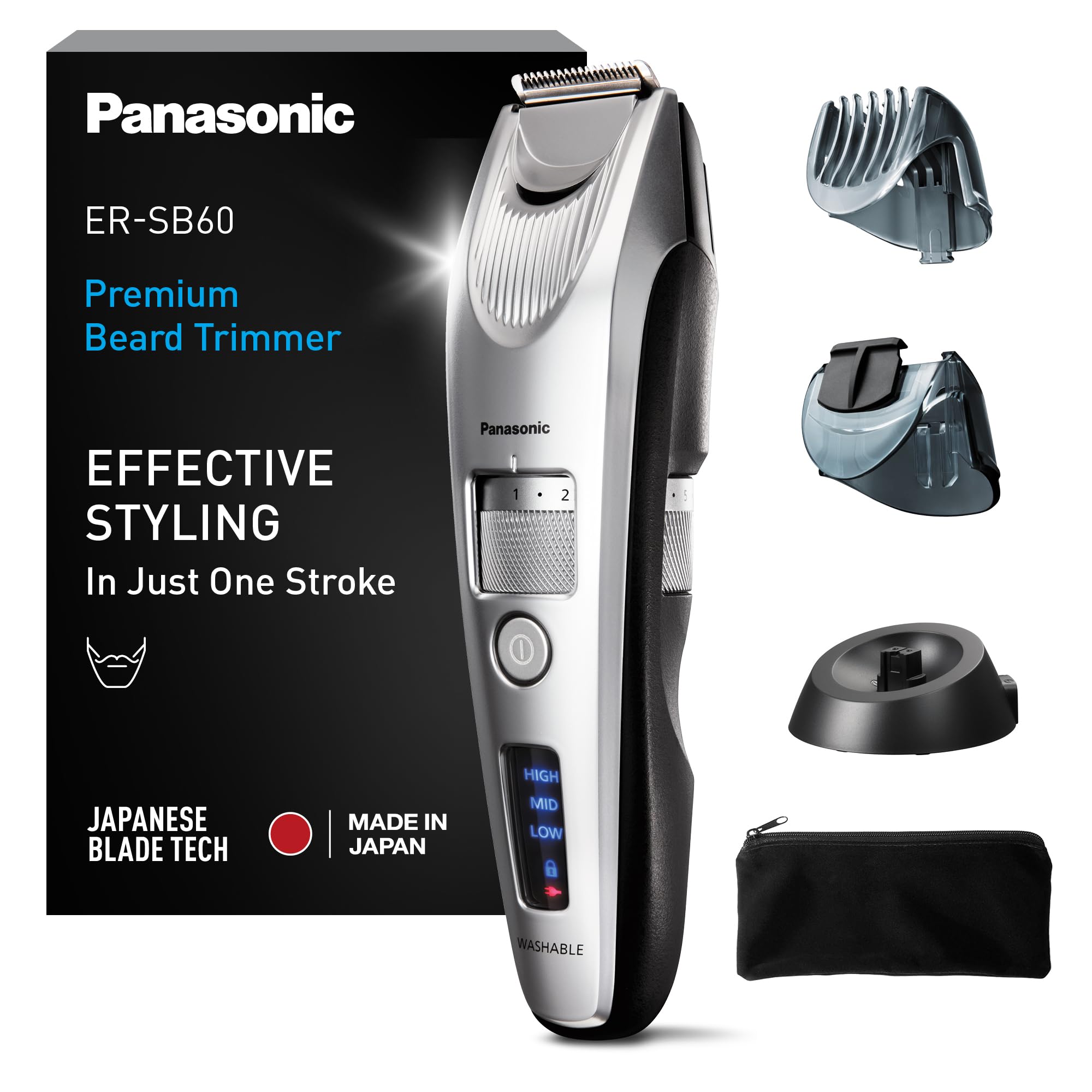 Panasonic ER-SB60S-803 Tondeuse à Barbe pour Hommes, Portable Sans Fil Étanche, 20 réglages de longueur, 2 Accessoires, Embout de Détail, Sans Fil et Filaire, Socle de Chargement, Argenté