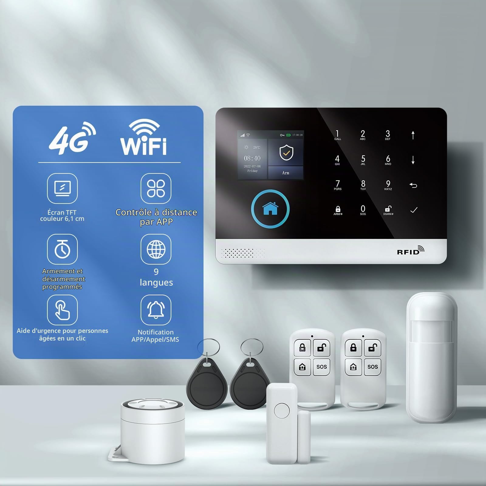 Système d'alarme Domestique sans Fil 4G+WiFi avec caméra extérieure - Installation Simple et Rapide, sans Frais mensuels, contrôle Via Application pour la sécurité de Votre Domicile