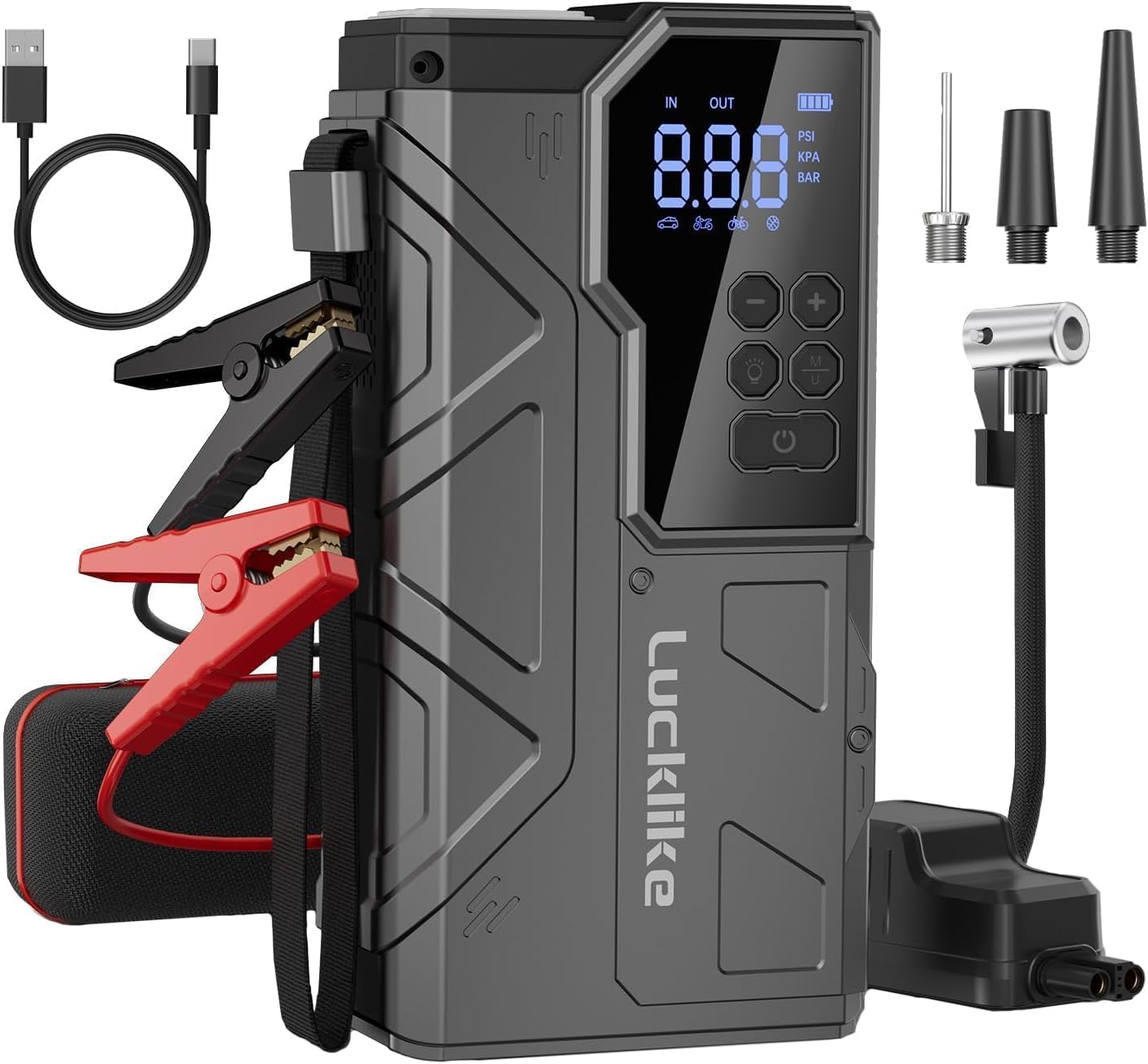 Lucklike W210 Jump Starter with Air Compressor PSI, 12V 6000A Peak Lithium Car Battery Jump Starter for All Gas and 10.0L Diesel, 80.66Wh Booster Jump Box Pack with LED Light, Jumper Cables