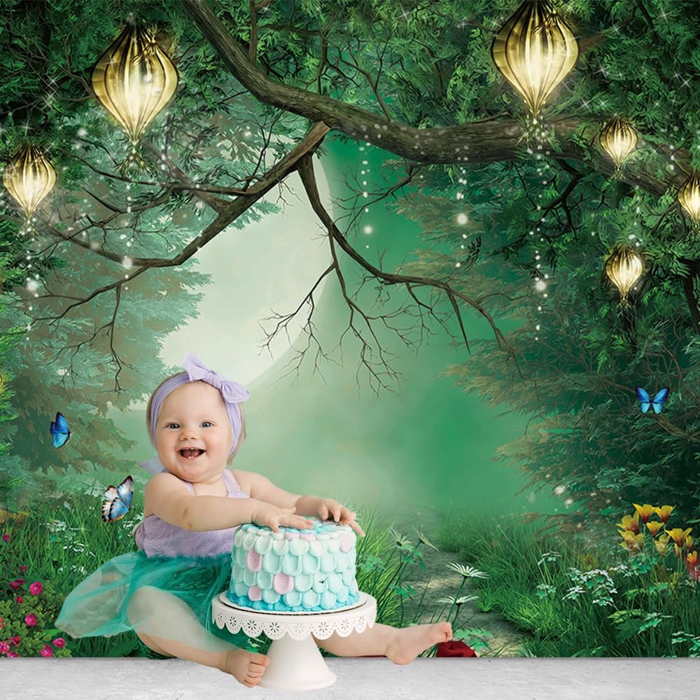 10x8ft Polyester Spring Summer Enchanted Fairytale Forest Backdrop for Photography Magic Lamp Photo Background for Newborn Baby Shower Photoshoot Children Birthday Party Decor Banner