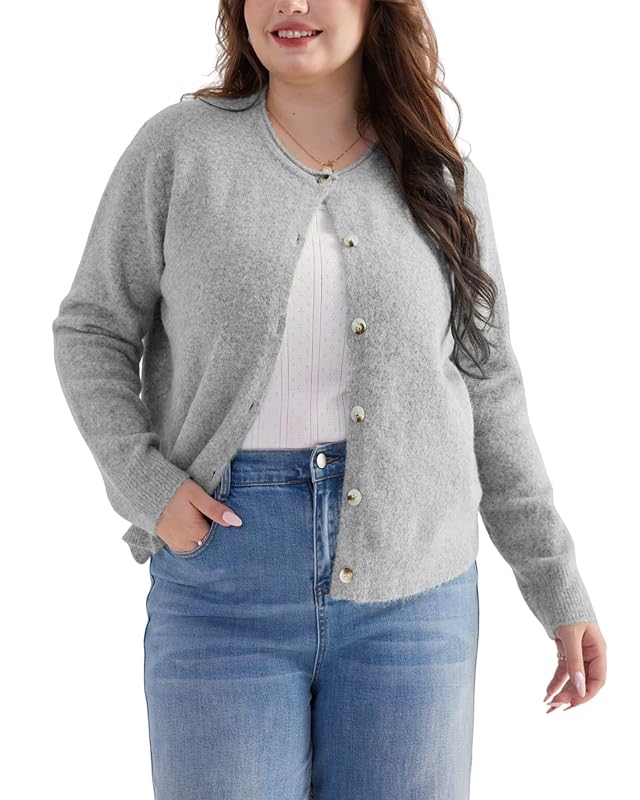 Plus Size Lightweight Cropped Cardigan Sweaters for Women Long Sleeve Knit Wool Button Up Sweater