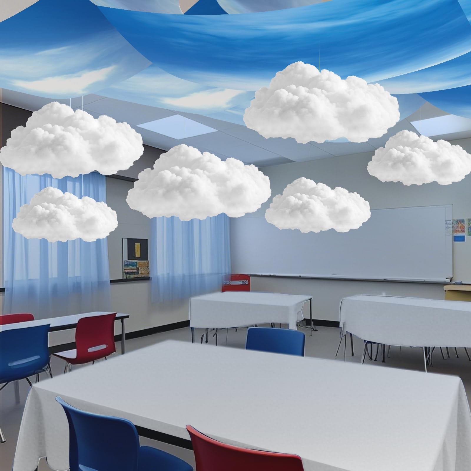 Photo 1 of VioraWhite 9 Pcs Blue Sky White Cloud Ceiling Decor Include 12 x 2 ft Fluorescent Light Covers 6 Packs Imitation Artificial 3D Cloud Props Classroom DIY Hanging Ornament Picnic Party Decorations