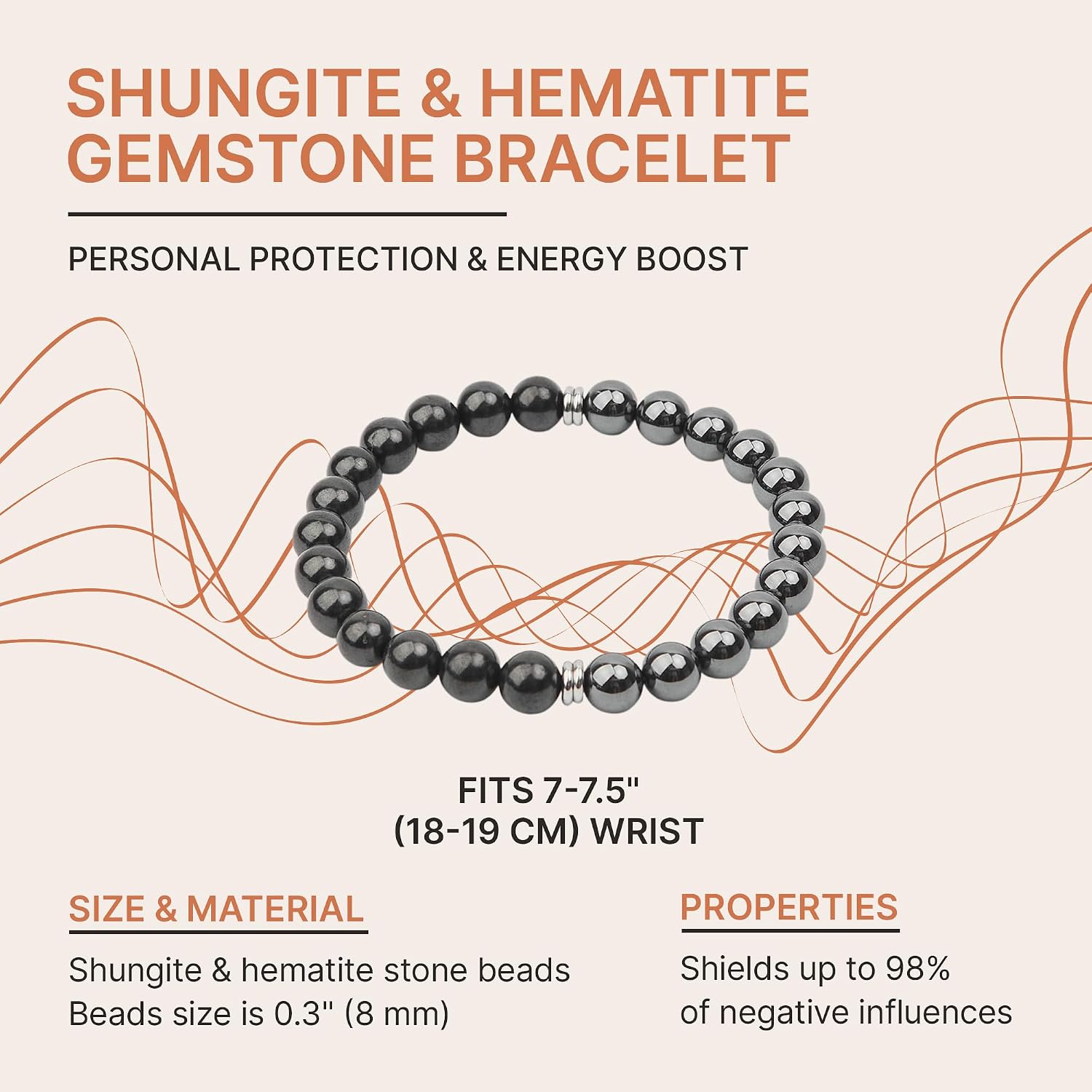 Karelian Heritage Shungite Stone Beaded Bracelet, Handmade for Men, Natural Stones and 7.3 Inch Elastic Stretch Band, Spiritual Chakra Crystal Healing Jewelry