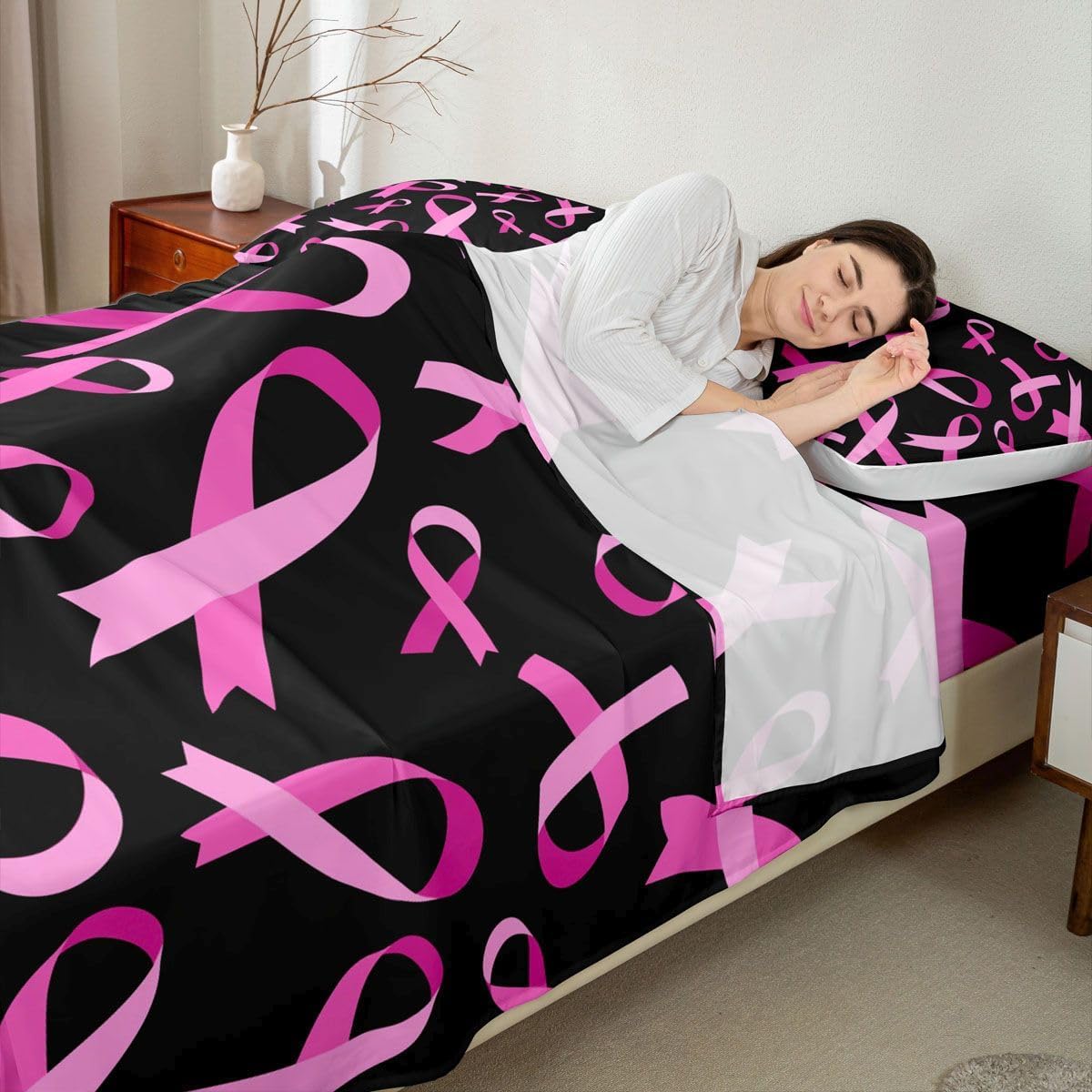 Erosebridal Pink Ribbon Breast Cancer Fitted Sheet Black Purple Sheet Set,Breast Cancer Support Ribbon Bed Sheets Breast Cancer Gifts for Women Chemo Friend Coworker Bedroom Decor Queen Size