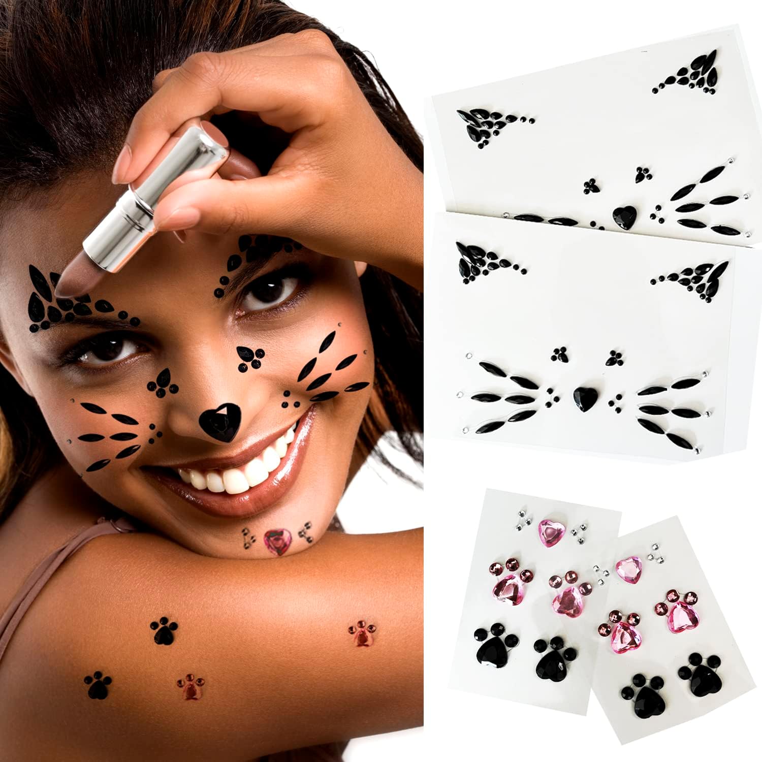Crystal Cat Face Jewels, Pink Cats Print Gems, 2-Sheet Black Cat Eye Gems Sticker and 2-Sheet Fake Cats Lash Gems Tattoo Stick on Face for Women Kids Halloween Makeup
