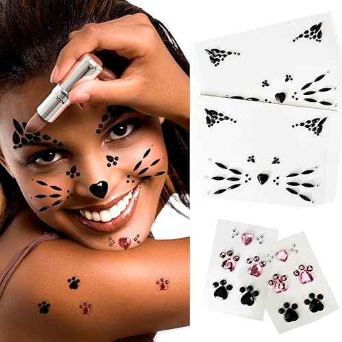 Joyas de cristal con cara de gato gemas con estampado de gato rosa 2 hojas de calcomanías de ojo de gato negro y 2 hojas de gemas de pestañas de
