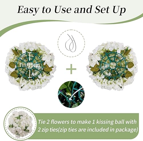 Miniatura 4 de BLOSMON Bolas de flores artificiales, centros de mesa de boda, 2 piezas de 14.2 pulgadas, flores falsas blancas grandes, flores falsas de rosa,