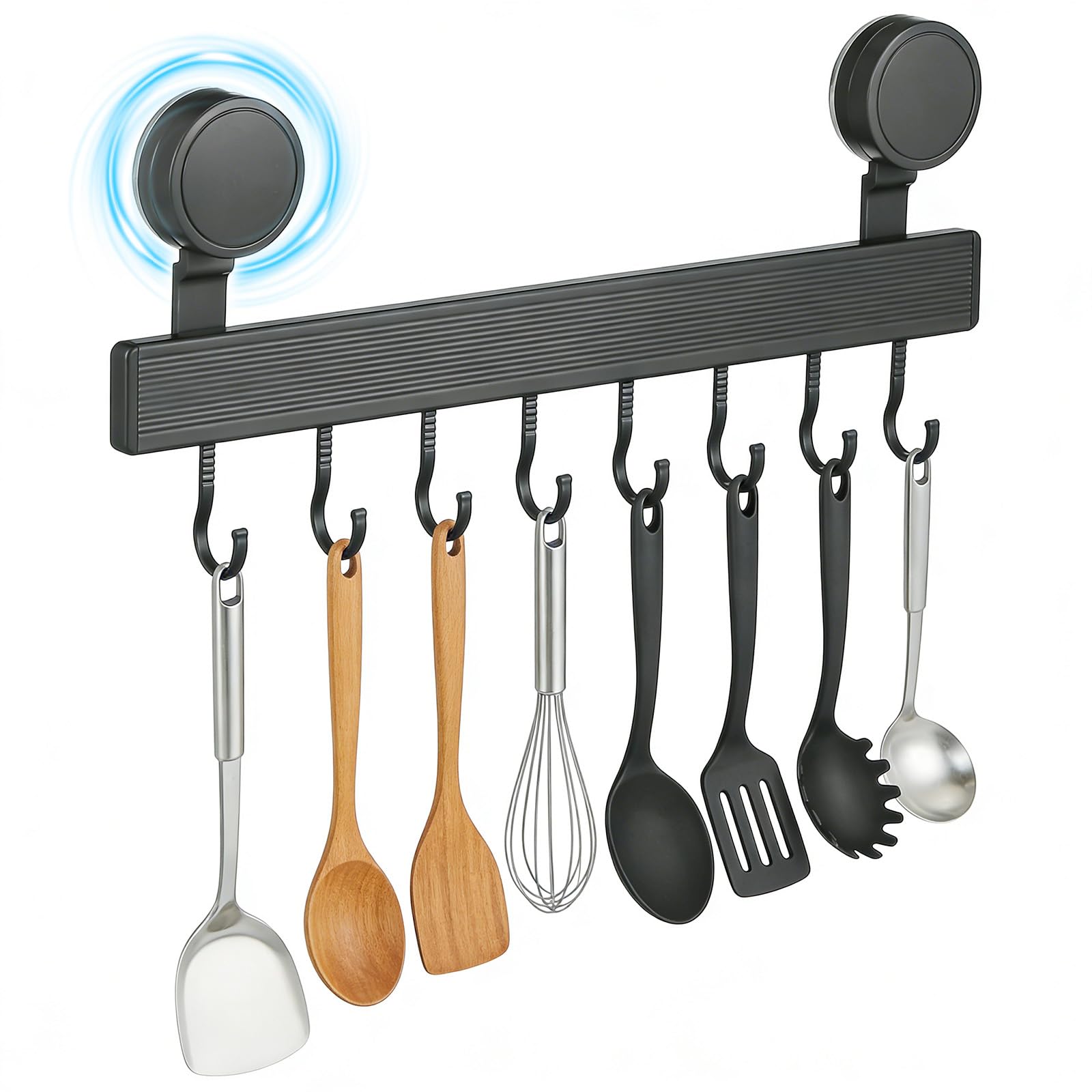 ZBXSNK Utensil Rack with Suction Cup, Kitchen Rail 20kg Load Capacity, 40cm Kitchen Utensils Holder Wall Mounted with 8 Sliding Hooks for Spoon Spatula and Cooking Accessories - No Drilling