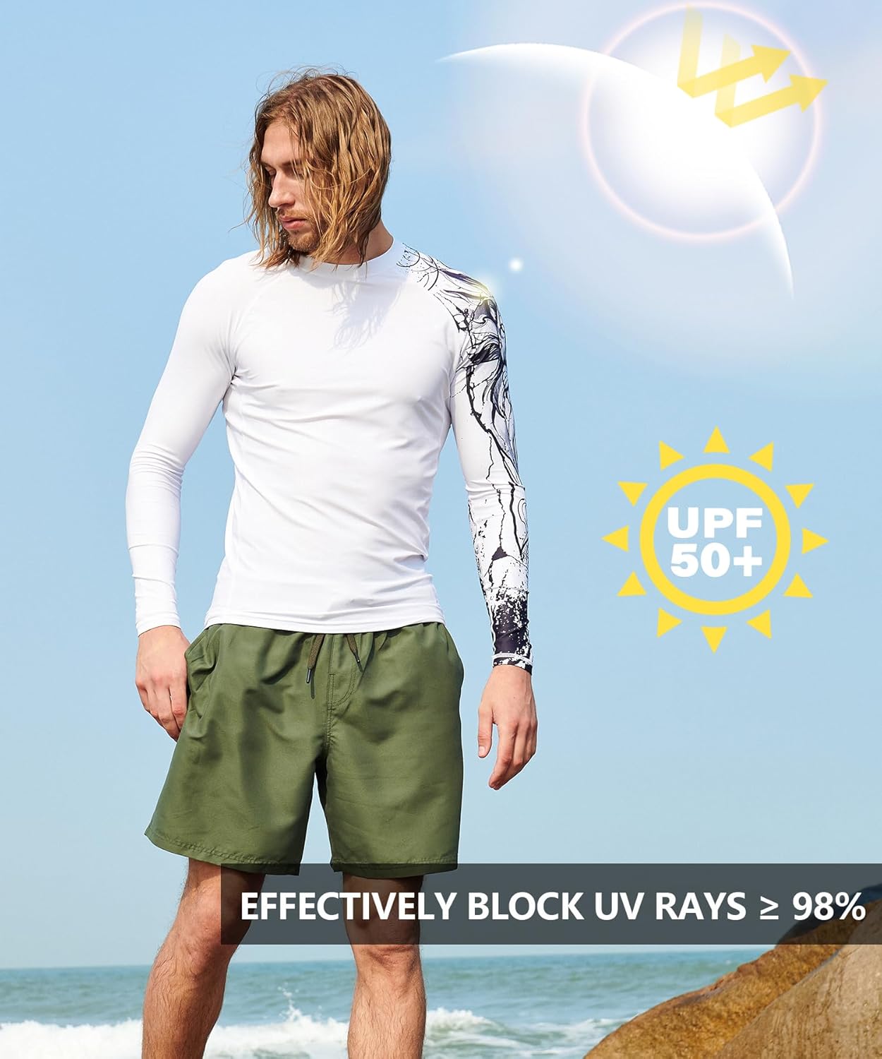HUGE SPORTS Men's Swim Shirts Long Sleeve UPF 50+ Rash Guard Sun Shirts UV Sun Protection - Image 3