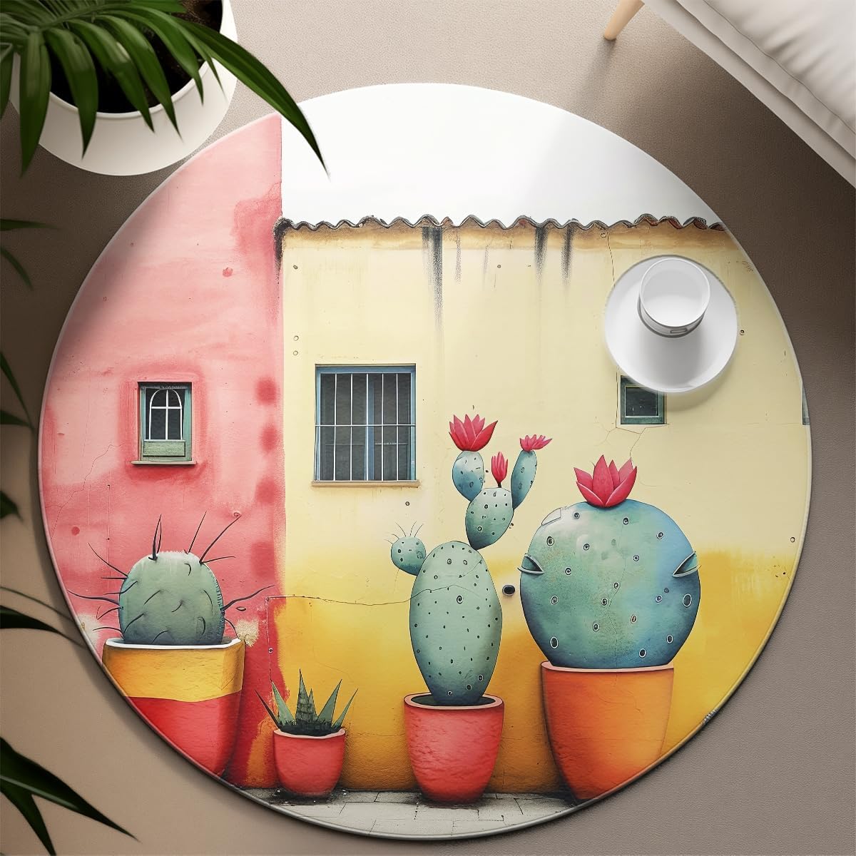 Nordic Style Round Area Rugs 2' Colorful Architectural Cactus Pot Non-Slip Washable Soft Low Pile Circular Carpet for Outdoor Indoor Entryway